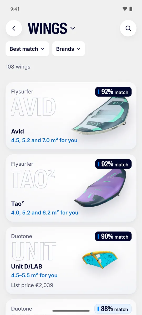 The WFD app's list of wings: wing foil wings from every brand, each with its % match.